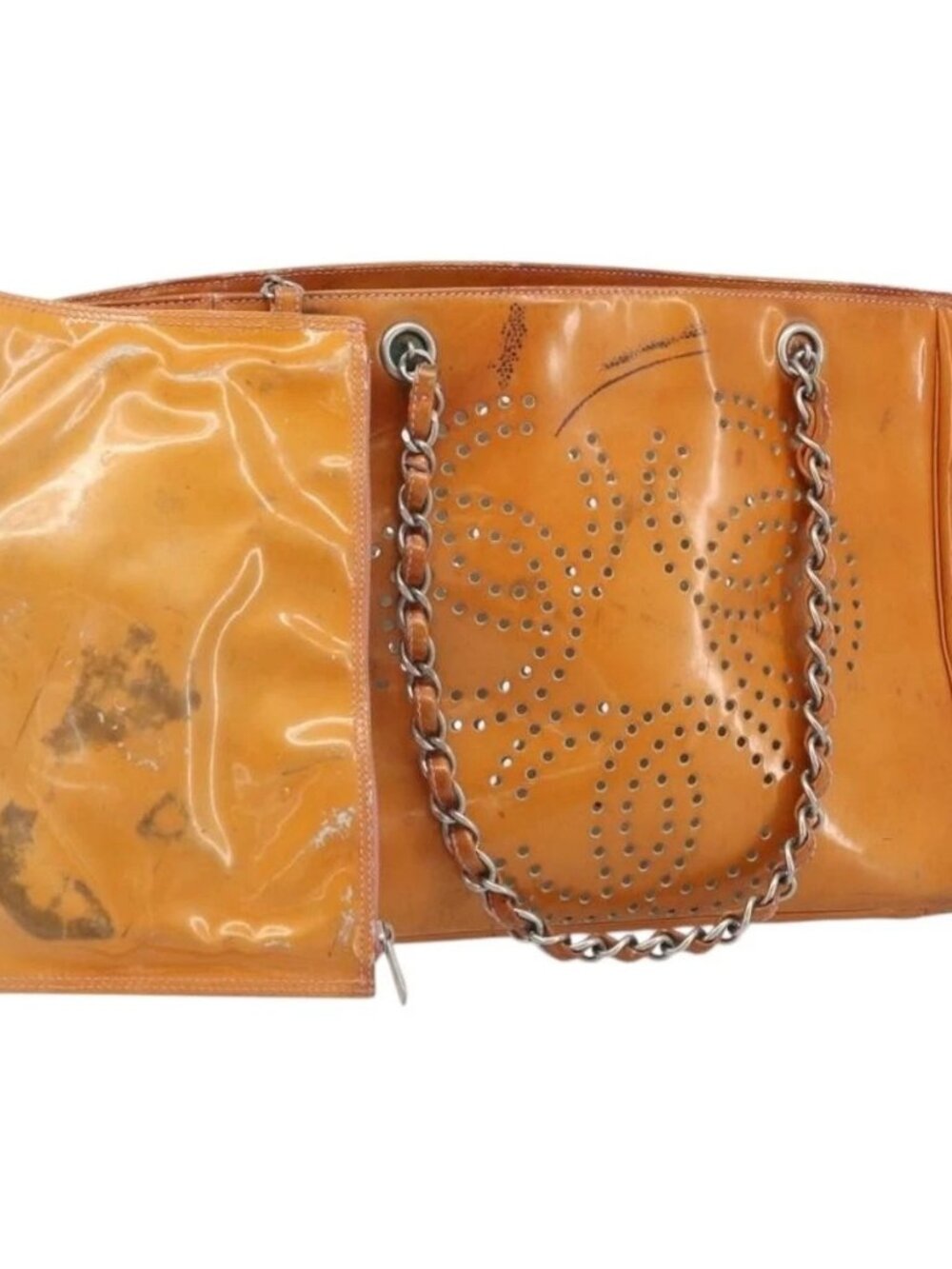 CHANEL Chain Tote Bag Patent leather Orange Silver CC Auth 169018 - Picture 2 of 16